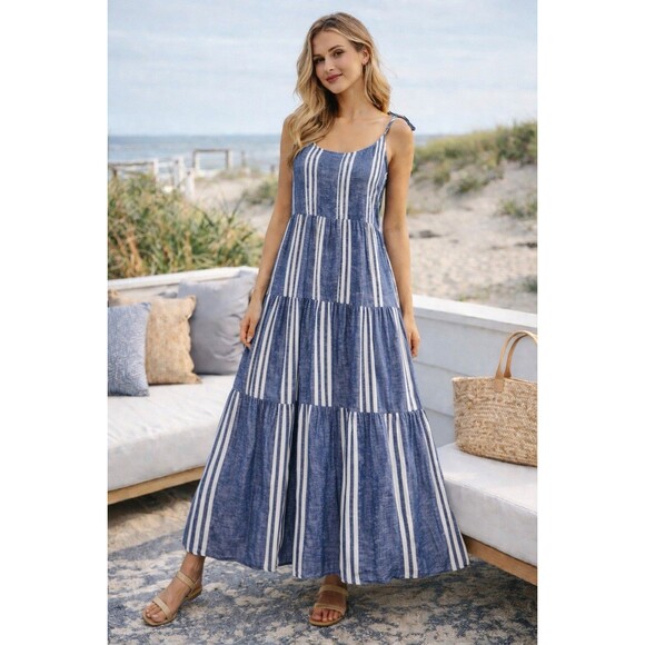 beachlunchlounge Dresses & Skirts - BeachLunchLounge Blue White Striped Linen Blend Tiered Maxi Dress Smocked Back M
